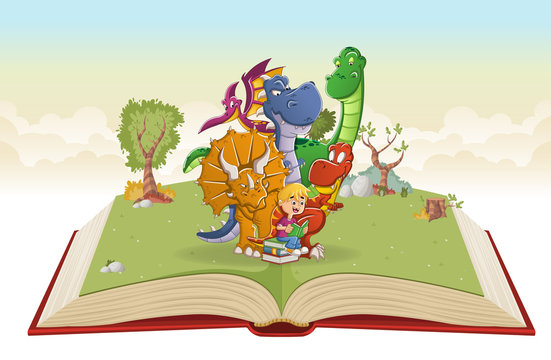 Open book with cartoon boy reading a book to big dinosaurs