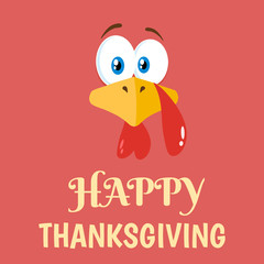 Thanksgiving Turkey Bird Face Cartoon Character Flat Label. Vector Illustration Background With Text
