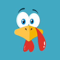 Thanksgiving Turkey Bird Face Cartoon Character Flat Blue Label. Vector Illustration Background