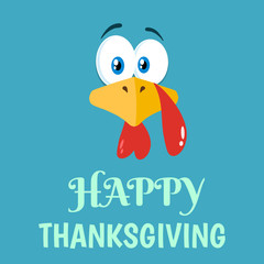 Thanksgiving Turkey Bird Face Cartoon Character Flat Blue Label. Vector Illustration Background With Text