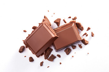 Pair of chocolate bars isolated on a white background viewed from above. Top view