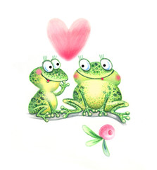 Watercolor frogs in love with a heart