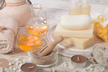 oils for a home spa, pumice, natural soap chocolate facial mask, pumice,