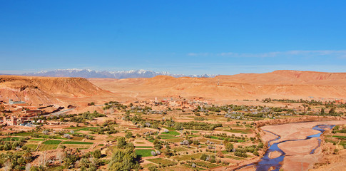 Desert landscape with Atlas Mountains near Kasbah Ait Ben Haddou