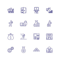 Banking and money icons. Set of line icons on white background. Bank, banknote, purse. Banking and money saving concept. Vector illustration can be used for topics like banking, economy, investment