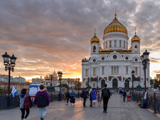 Christ the Savior Cathedral on sunset sky background. Moscow, Russia