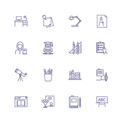 School icons. Set of line icons on white background. Telescope, table lamp, pupil, school desk. Can be used for topics like education, university, school