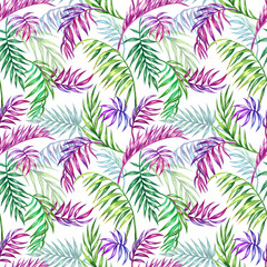 Seamless pattern of palm leaves on a dark blue background, watercolor illustration. Floral tropical print for fabric, background for various designs.