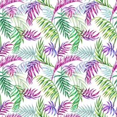 Plexiglas foto achterwand Naadloze patroon van palmbladeren op een donkerblauwe achtergrond, aquarel illustratie. Tropische bloemenprint voor stof, achtergrond voor verschillende ontwerpen. © Ollga P