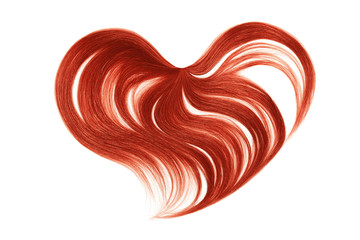 Red hair in shape of heart, isolated on white background