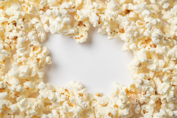 Popcorn on white background with empty space for text. Top view