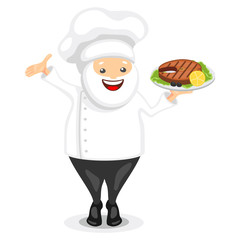 Cute chef character. Funny cook in white hat holding grilled fish steak on a tray. Vector illustration in cartoon style.