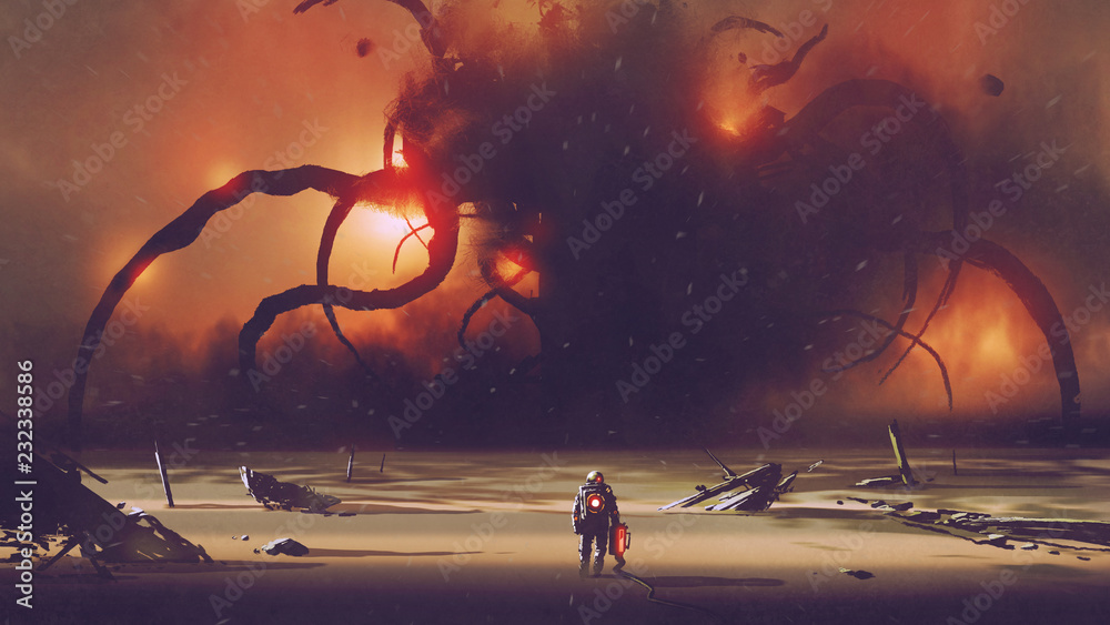 Wall mural astronaut with a tech device heading to the giant monster at the horizon, digital art style, illustr - Wall murals