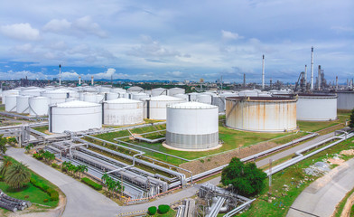 Oil storage tank with oil refinery background, Oil refinery plant at day. Aerial view from drone top view