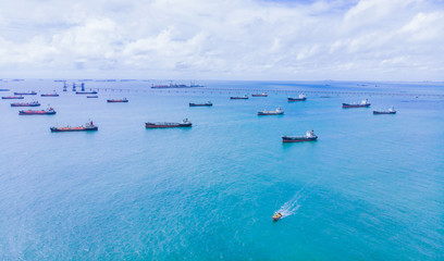 Ship oil tanker and LPG gas in port for export at sea. Aerial view