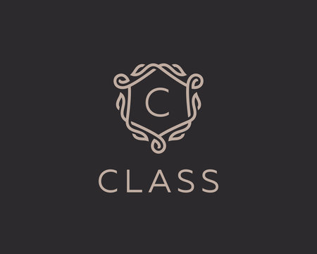 Premium linear shield monogram letter C logotype. Elegant crest leaf stamp icon vector logo. Luxury alphabet frame symbol.
