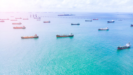Ship oil tanker and LPG gas in port for export at sea. Aerial view