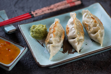 Turquoise plate with pan fried korean dumplings, selective focus, close-up