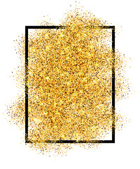 Gold glitter sand in black frame isolated white background. Golden texture confetti, sequins, dust spray. Bright pattern design New Year decoration, Christmas holiday celebration. Vector illuetration