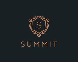 Premium linear shield monogram letter S logotype. Elegant crest leaf stamp icon vector logo. Luxury alphabet frame symbol.