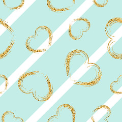 Gold heart seamless pattern. White-blue geometric stripes, golden grunge confetti-hearts. Symbol of love, Valentine day holiday. Design wallpaper, background, fabric texture. Vector illustration