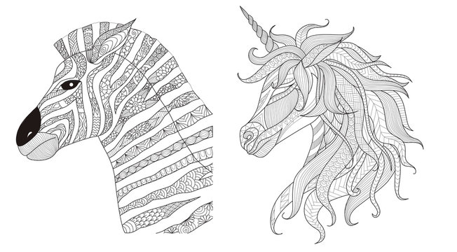 Zebra and unicorn zentangle stylize for print and coloring book for anti stress.Vector illustration