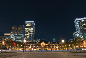 Tokyo station building at twilight time. View of Tokyo station at the Marunouchi business district, Japan.