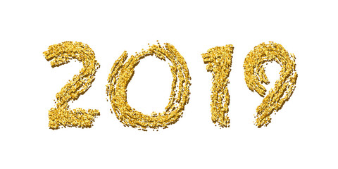 Happy New Year gold number 2019. Bright golden design with sparkle, isolated white background. Holiday glitter typography for Christmas banner, calendar, decoration, greeting card. Vector illustration