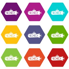 Submarine retro icons 9 set coloful isolated on white for web