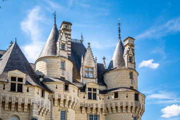 Fortified walls and towers in the medieval castle in France.