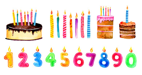 Set of stylized birthday elements. Hand drawn cartoon cakes and candles. Watercolor sketch illustration