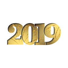 Happy new year card. Gold number 2019 with sparkles, isolated white background. Golden firework. Bright design for holiday celebration, greeting text, Christmas banner. Vector illustration