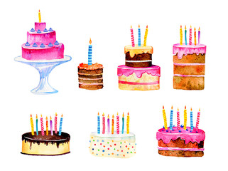 Set of stylized birthday cakes with candles. Hand drawn cartoon watercolor sketch illustration