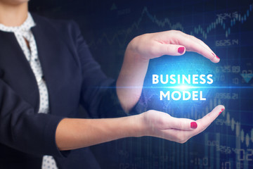 Obraz premium The concept of business, technology, the Internet and the network. A young entrepreneur working on a virtual screen of the future and sees the inscription: Business model