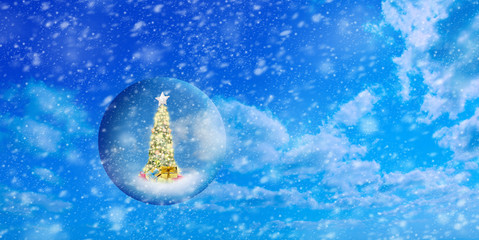 Obraz na płótnie Canvas Conceptual image of decorated Christmas tree in glass sphere floating in air over sunny sky