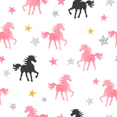 Vector seamless pattern with watercolor unicorns and stars.