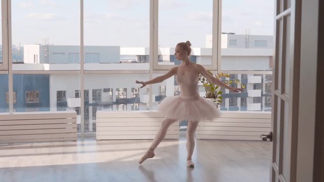 Aerial female ballet dancer jumping up. Classical dance in tutu and on pointe. Dancer on the background of a large window with a bright room. Slowmotion