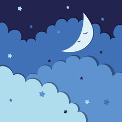 Vector illustration of night sky with stars, clouds and moon.