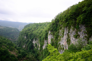 amazing green vertical rock wall of Martvili Canyon
