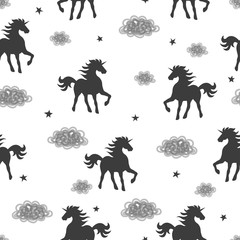 Vector seamless black and white pattern with unicorns and clouds.