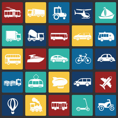 Transportation and vehicles set on color squares background icons