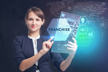 The concept of business, technology, the Internet and the network. A young entrepreneur working on a virtual screen of the future and sees the inscription: Franchise