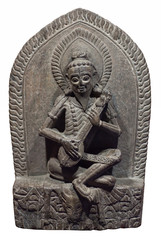 Fototapeta na wymiar Narada - heavenly musician. Ancient Nepalese stone statue in Patan, Kathmandu Valley, Nepal