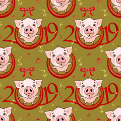 Seamless pattern with Cute funny pig. Happy New Year. Chinese symbol of the 2019 year. Excellent festive gift card. Vector illustration on golden background.