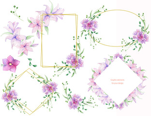 Floral frames with pink flowers and decorative leaves. Watercolor Invitation design horizontal. Background to save the date.Greeting cards with pink flowers.