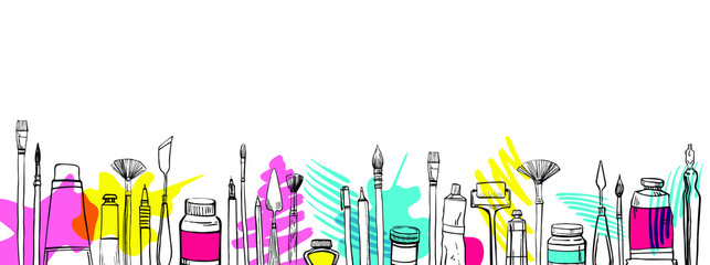 Vector artist materials in row. Hand drawn stylized sketch.  Black and white stylized illustration with color stains. Painting and drawing tools. Brushes, tubes, pens, knives