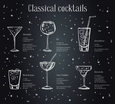 Classic cocktails recipe text description with ingredients. Vector sketch outline hand drawn illustration on blackboard background