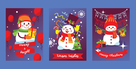 Merry Christmas snowman vector New year greeting card with santa snow-man character Xmas tree and gifts background illustration set of postcard winter holiday celebration poster design backdrop