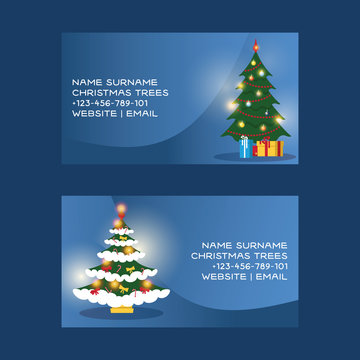 Christmas business card vector merry xmas visiting-card with christmas-tree and new year business-card template illustration of decorated xmas-tree design greeting banner on calling-card background
