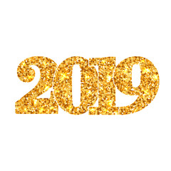 Happy New Year shiny gold number 2019. Golden glitter digits isolated on white background. Shiny glowing design, light sparkle for Christmas celebration, greeting card, poster. Vector illustration